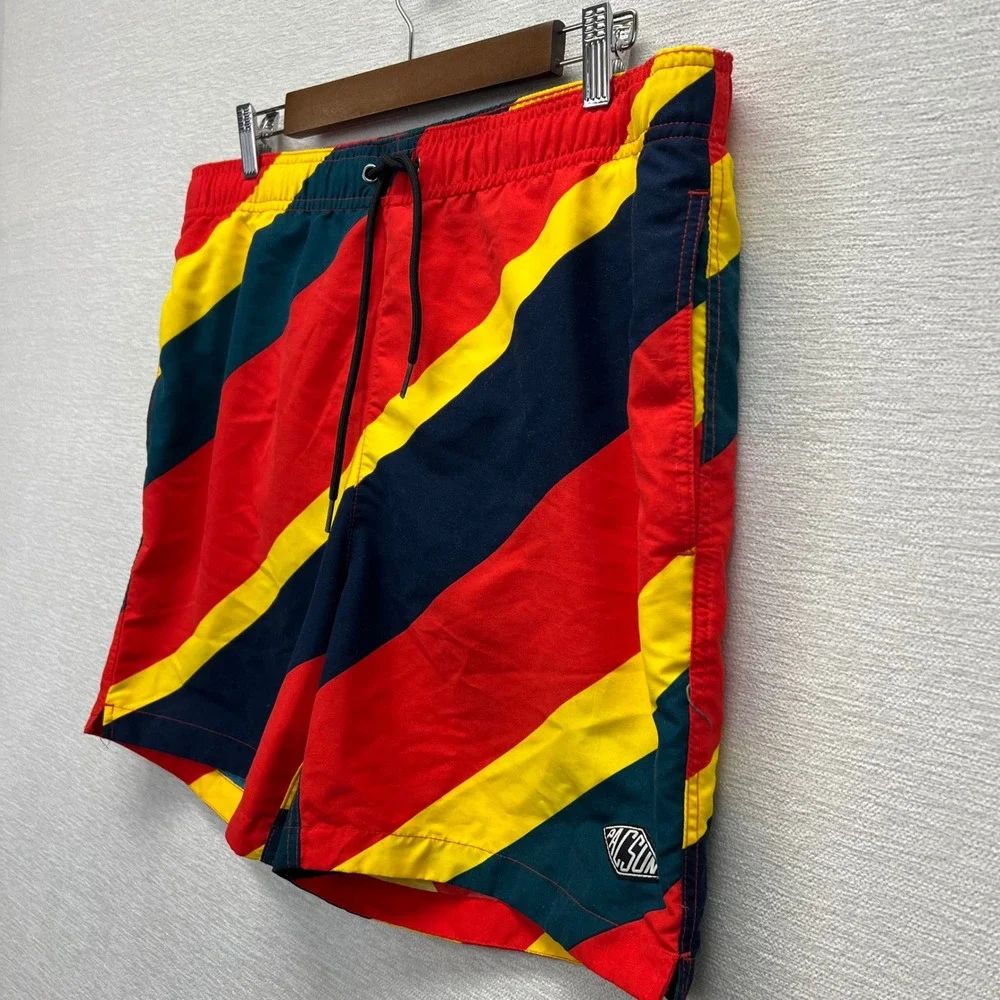 PacSun Swim Trunks Mens Large Red‎ Yellow Navy Diagonal Striped Board Shorts